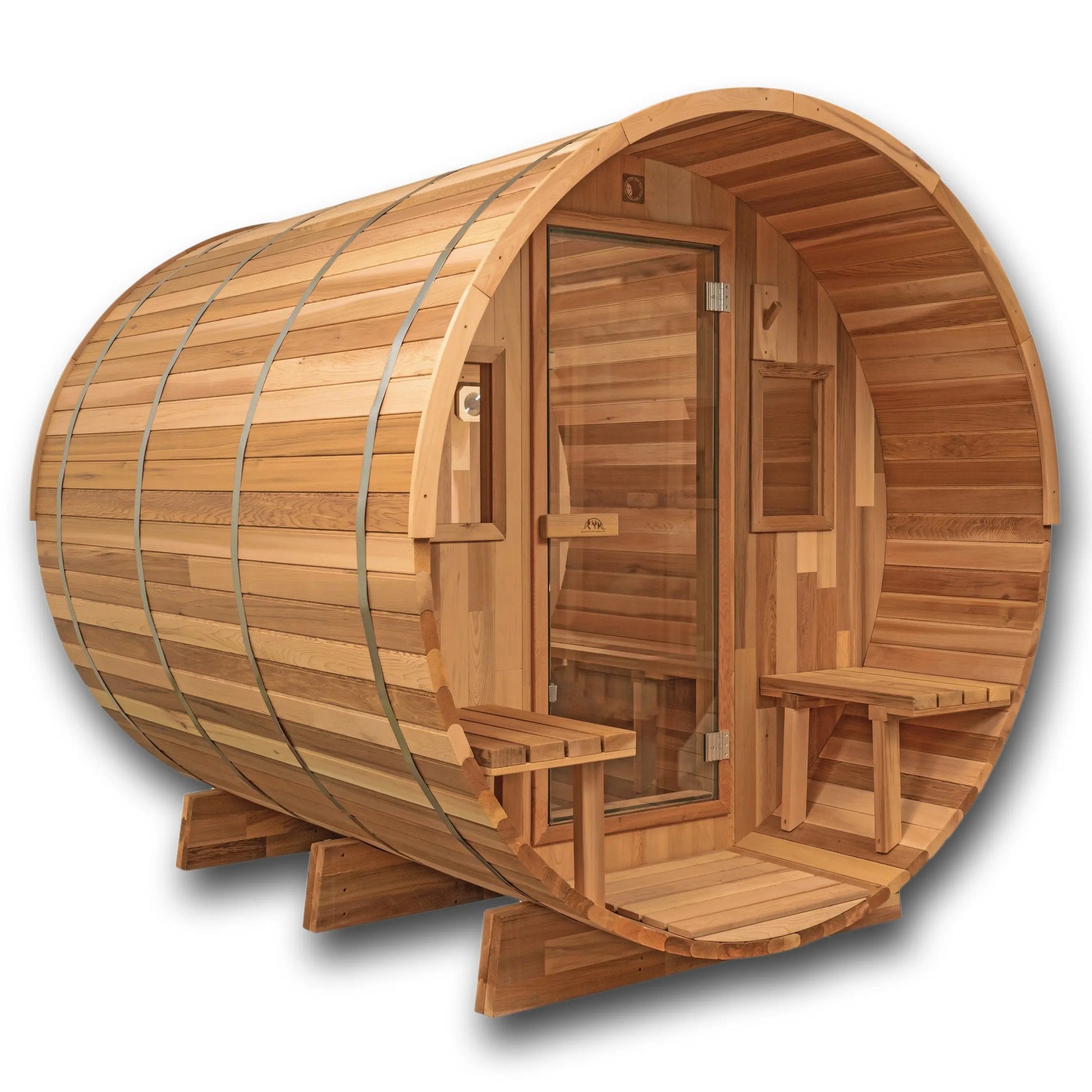 8 FT Classic Red Cedar Barrel Sauna with Porch - 4-6 Person Backcountry Recreation